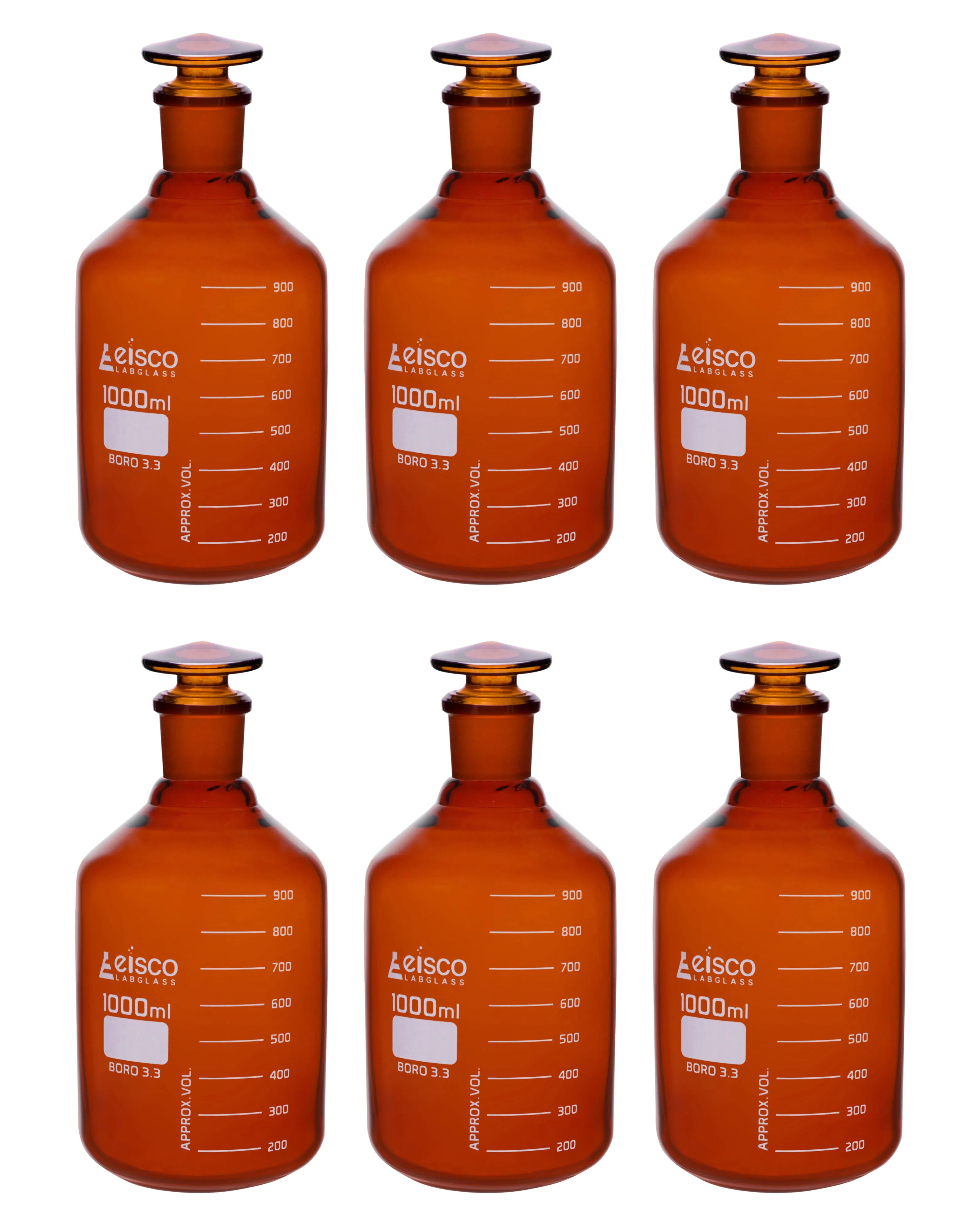 6PK Reagent Bottles, Amber, 1000mL - Graduated - Narrow Mouth with Solid Glass Stopper - Borosilicate Glass