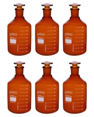 6PK Reagent Bottles, Amber, 1000mL - Graduated - Narrow Mouth with Solid Glass Stopper - Borosilicate Glass