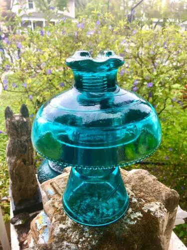 Antique Large Hemingway 1893 Blue Glass Mushroom Shaped Electric Pole Insulator