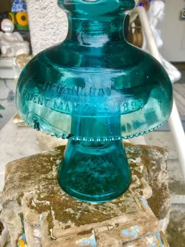 Antique Large Hemingway 1893 Blue Glass Mushroom Shaped Electric Pole Insulator
