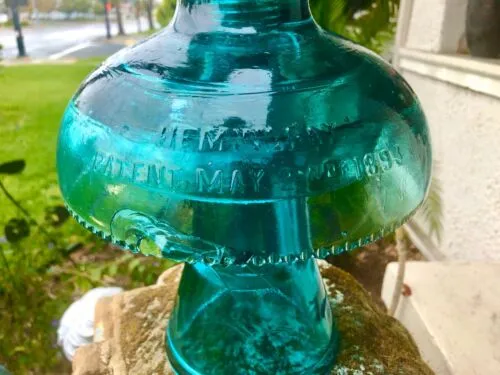 Antique Large Hemingway 1893 Blue Glass Mushroom Shaped Electric Pole Insulator