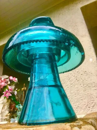 Antique Large Hemingway 1893 Blue Glass Mushroom Shaped Electric Pole Insulator