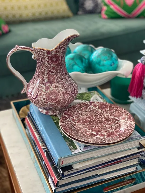Antique Reflections Pink/Rose Pitcher with two plates