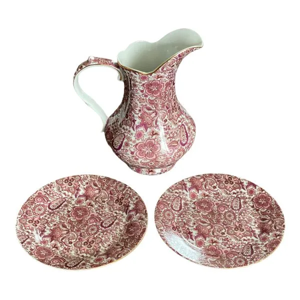 Antique Reflections Pink/Rose Pitcher with two plates