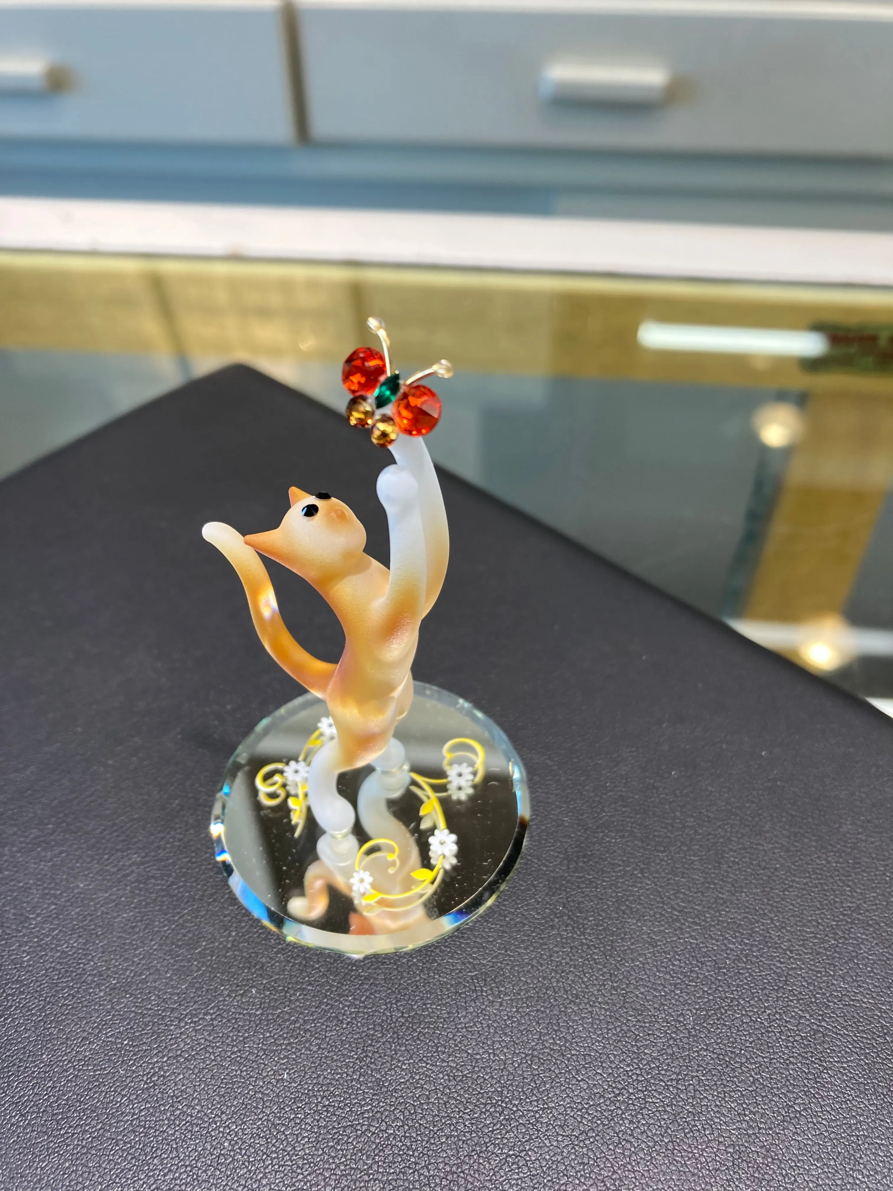 Cat And Butterfly Glass Figurine