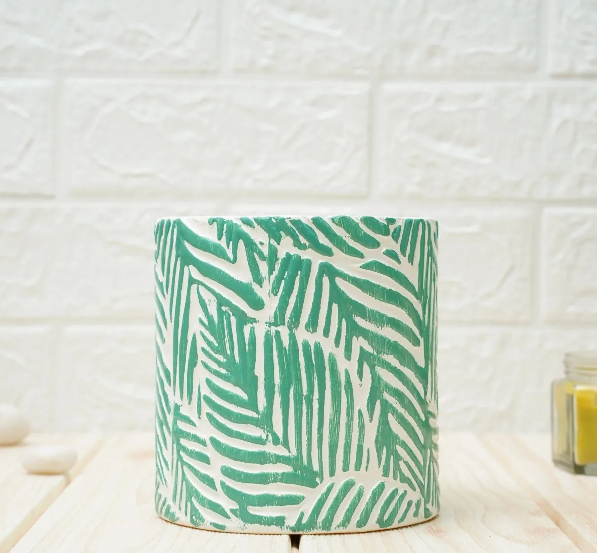 Ceramic Pots For Indoor Plants 14 X 15 Cm (Green Leaf)