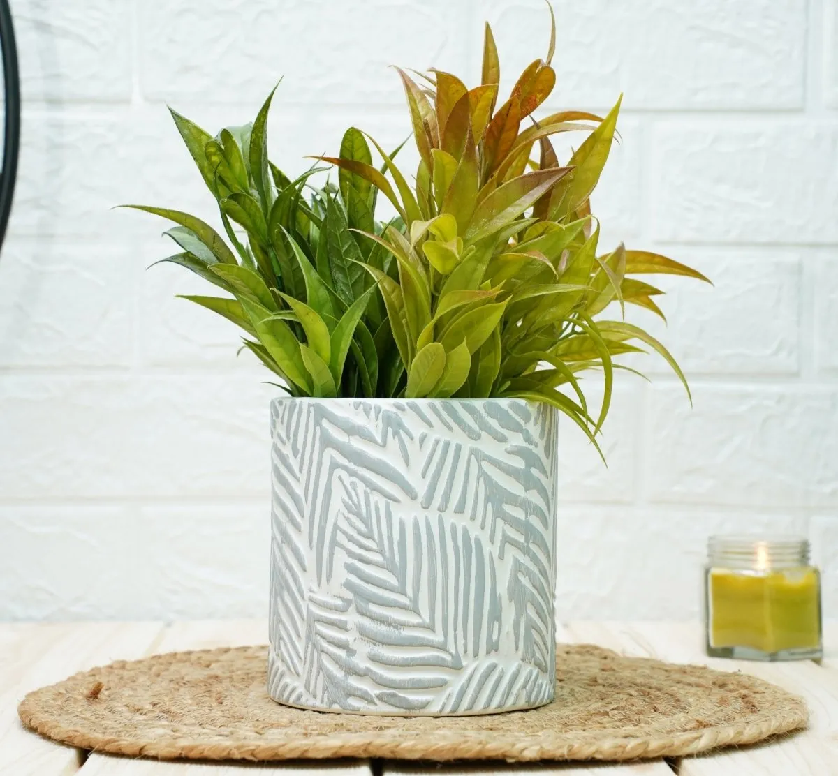 Ceramic Pots For Indoor Plants 14 X 15 Cm (Grey Leaf)