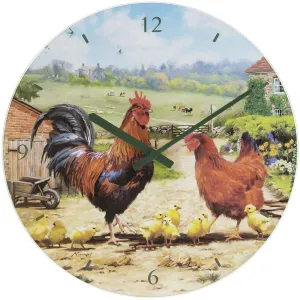Cockerel & Hen Glass Clock - 30cm