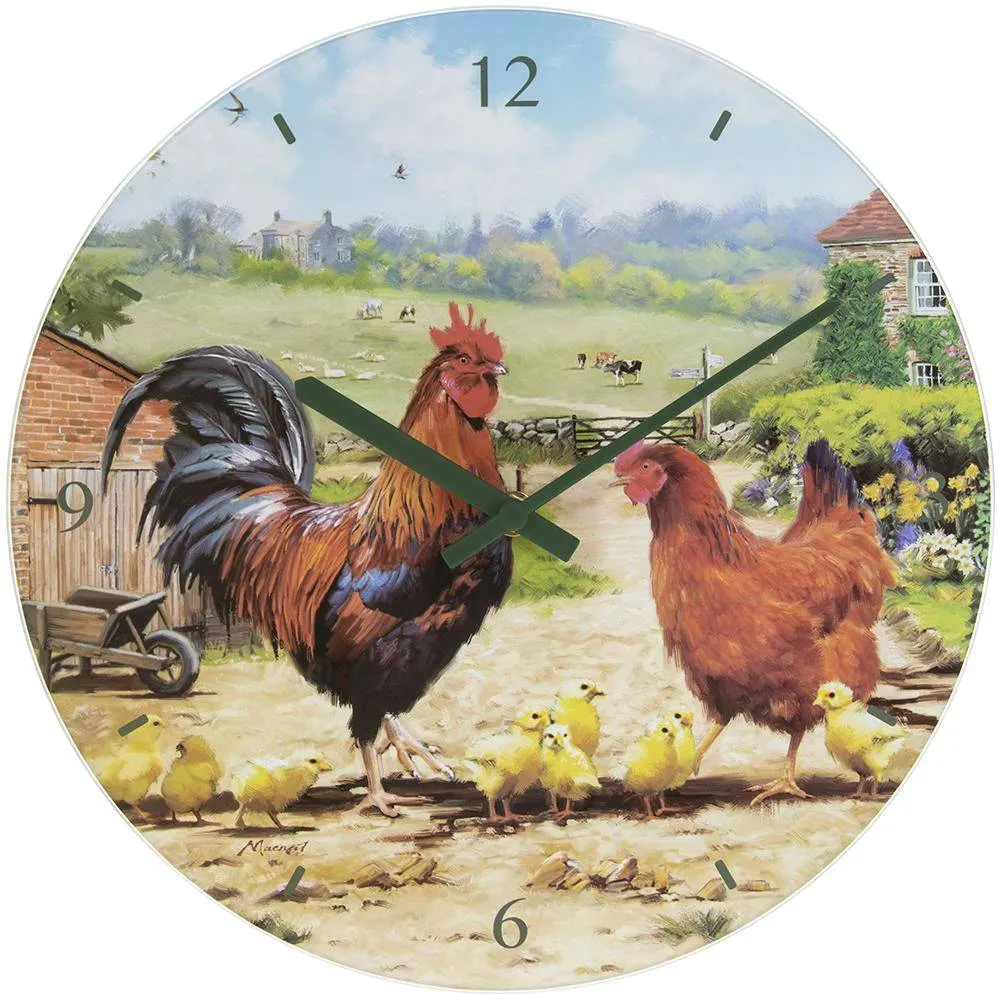 Cockerel & Hen Glass Clock - 30cm