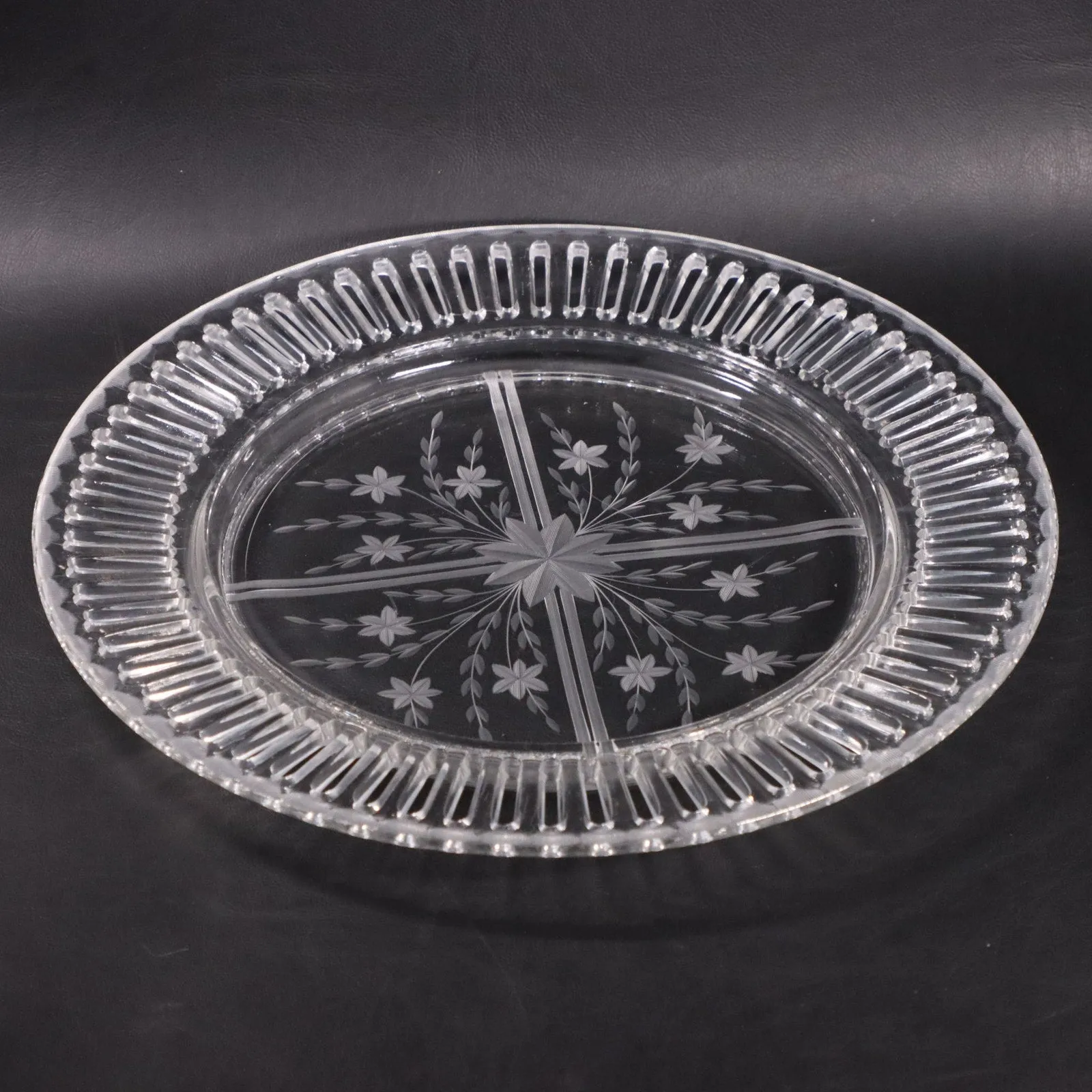 Crystal Etched Floral Reticulated Pierced Clear Glass 10 3/8" Dinner Plate