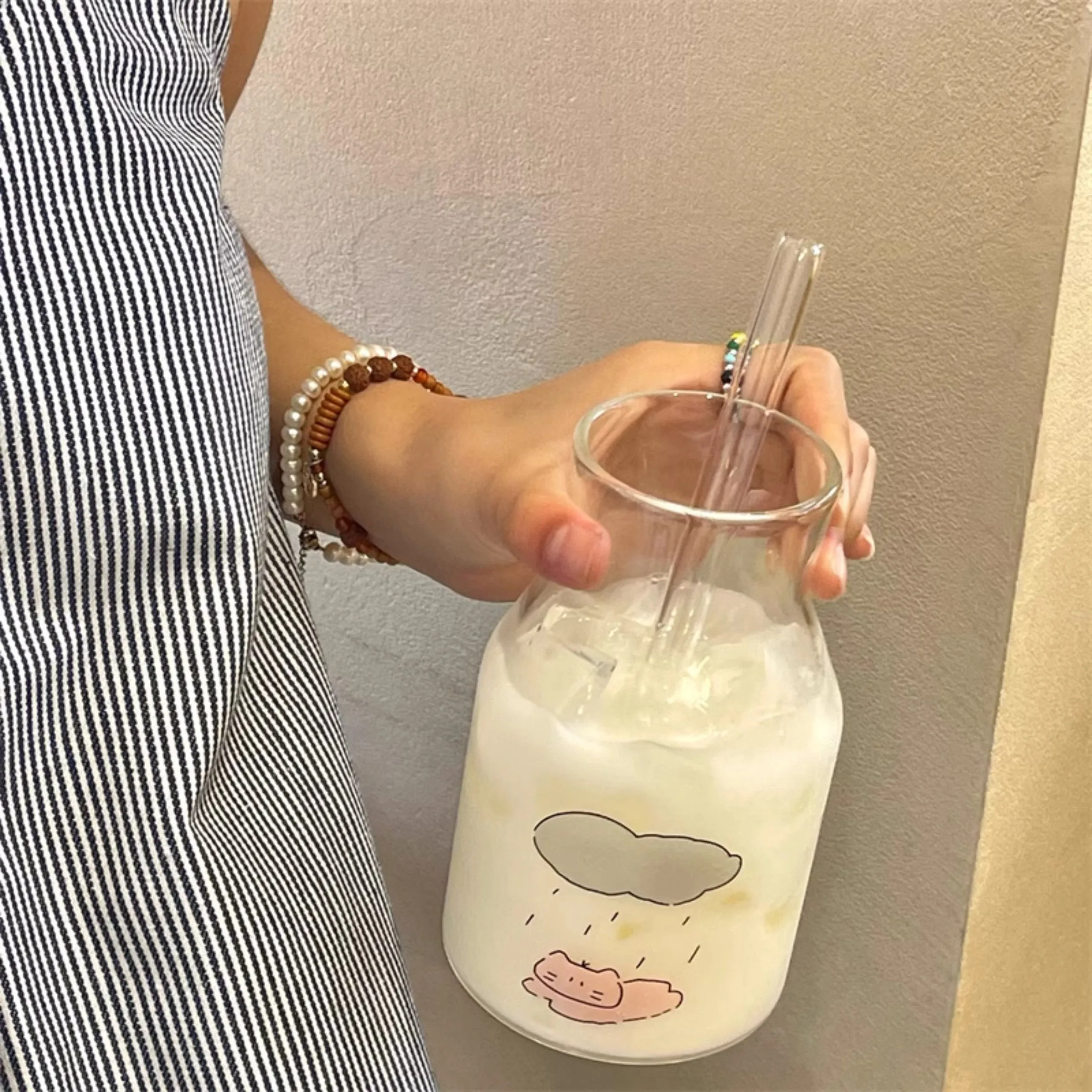 Cute Kitten-Themed Glass Milk Bottles with Straws