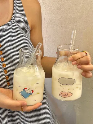 Cute Kitten-Themed Glass Milk Bottles with Straws
