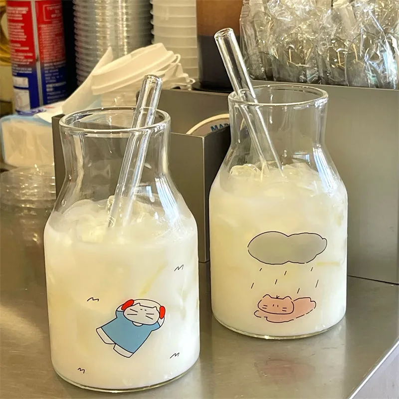 Cute Kitten-Themed Glass Milk Bottles with Straws