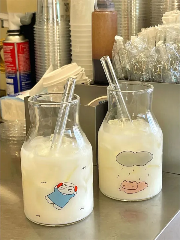 Cute Kitten-Themed Glass Milk Bottles with Straws
