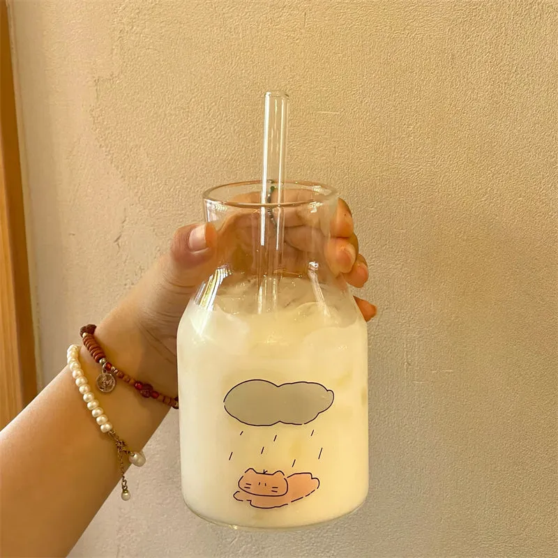 Cute Kitten-Themed Glass Milk Bottles with Straws