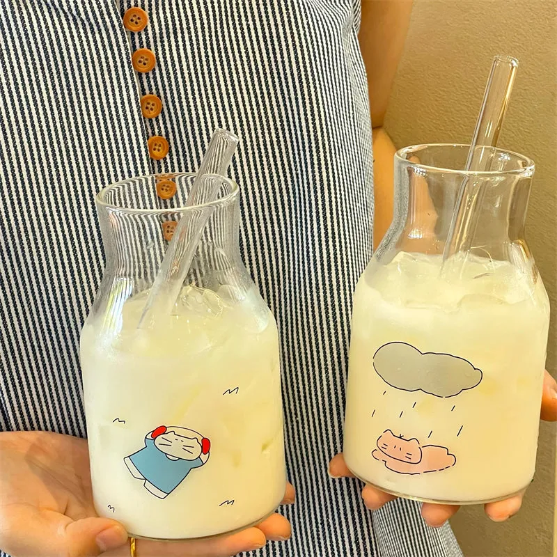 Cute Kitten-Themed Glass Milk Bottles with Straws