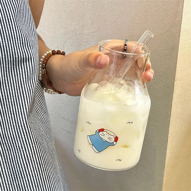 Cute Kitten-Themed Glass Milk Bottles with Straws