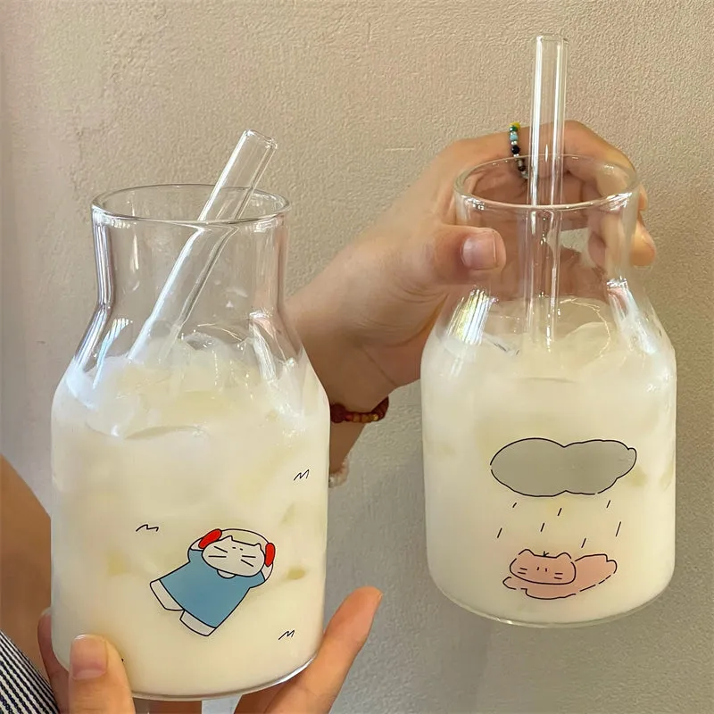 Cute Kitten-Themed Glass Milk Bottles with Straws