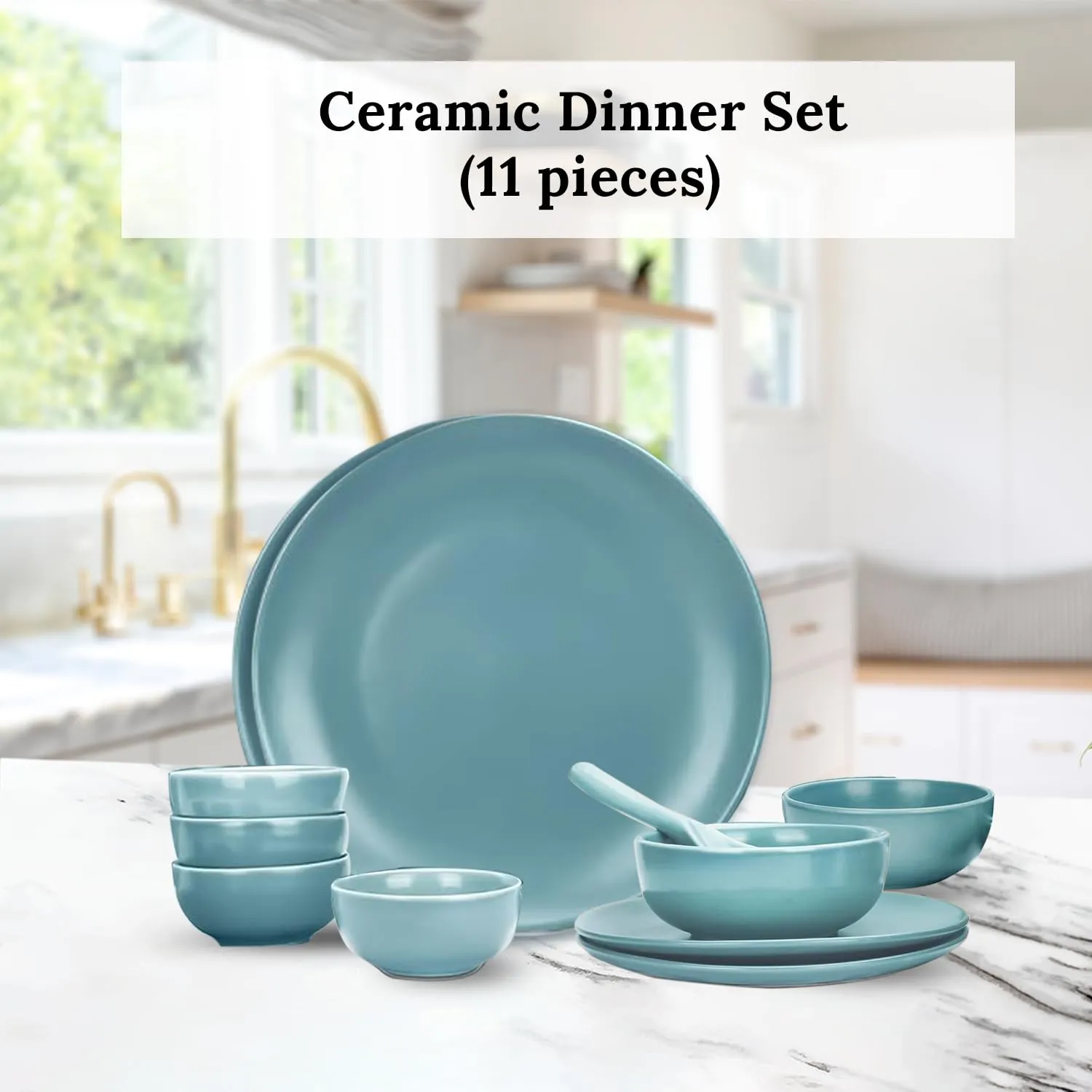 Ekhasa Ceramic Dinner Set (11 pcs, Microwave safe, Chip Resistant, Blue, Damage-Proof Packaging) | Crockery Set Dinner Set | Ceramic Dinner Plates | Stoneware Dinner Set | Porcelain Dinner Set Gift