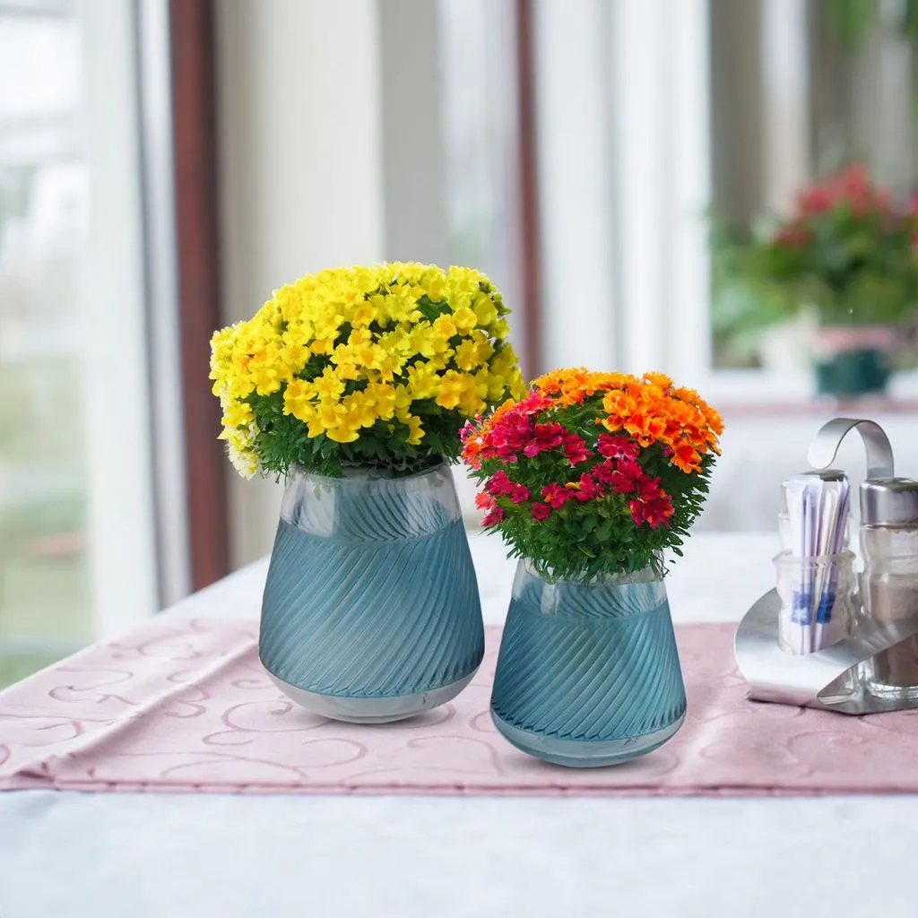 Fleurine Colored Glass Collection, Set of 2 Table Vases With Frosted Pattern