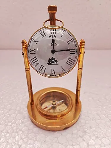 HEENA Best Handicraft Brass Rounded Shape Desk Clock for Students Study Room , Home and Office Decor - (12.7 x 7.6 x 12.7 Centimeters) Golden