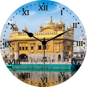 Kartik™ Golden Temple Printed Designer Round Wooden Wall Clock Without Glass for Home/Living Room/Bedroom/Kitchen and Office - 11X11 Inches (Multicolor)