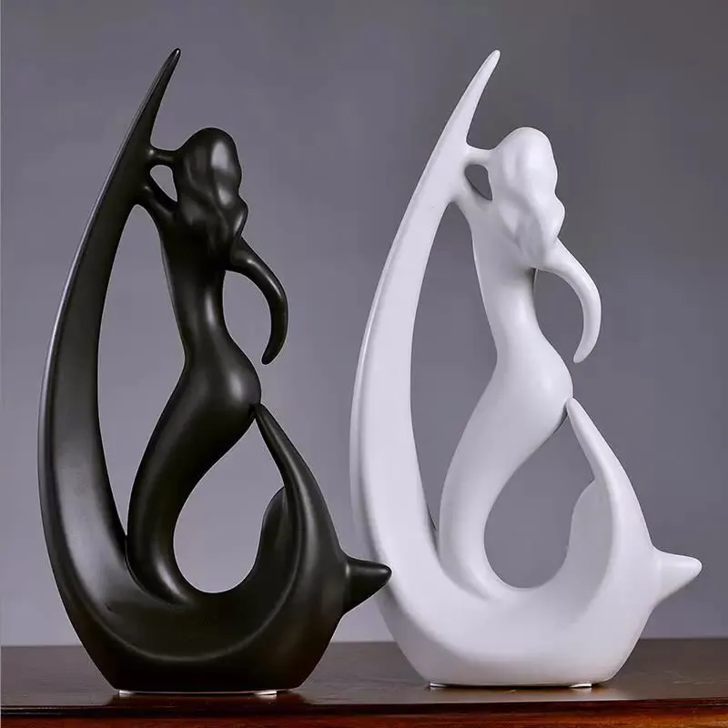 LIFEHAXTORE® Home Decor Ceramic Creative Mermaid Shape Home Decor Figurine (Pack of 1, Black & White)