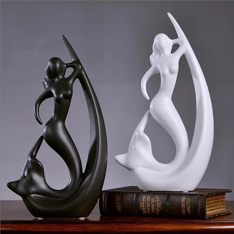 LIFEHAXTORE® Home Decor Ceramic Creative Mermaid Shape Home Decor Figurine (Pack of 1, Black & White)
