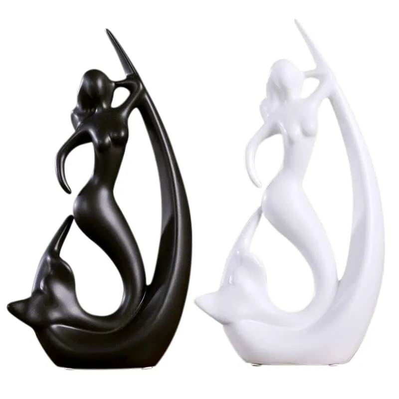 LIFEHAXTORE® Home Decor Ceramic Creative Mermaid Shape Home Decor Figurine (Pack of 1, Black & White)