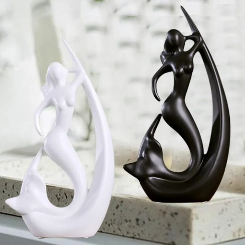 LIFEHAXTORE® Home Decor Ceramic Creative Mermaid Shape Home Decor Figurine (Pack of 1, Black & White)