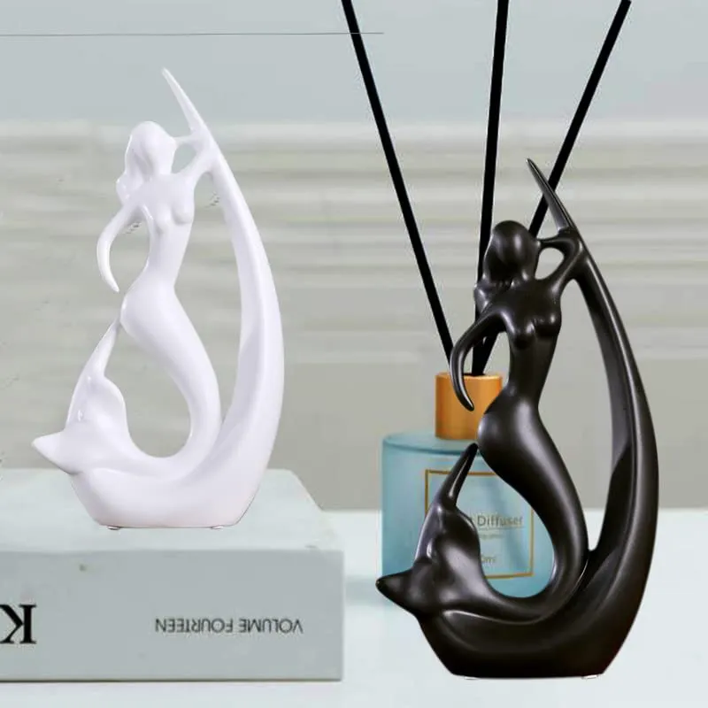 LIFEHAXTORE® Home Decor Ceramic Creative Mermaid Shape Home Decor Figurine (Pack of 1, Black & White)
