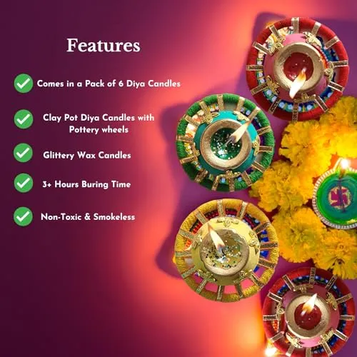 MUSAPRI- Traditional Clay Pot Glittery Wax Candles with Pottery Wheel | Diwali| Home Decor| Smokeless [Pack of 6]