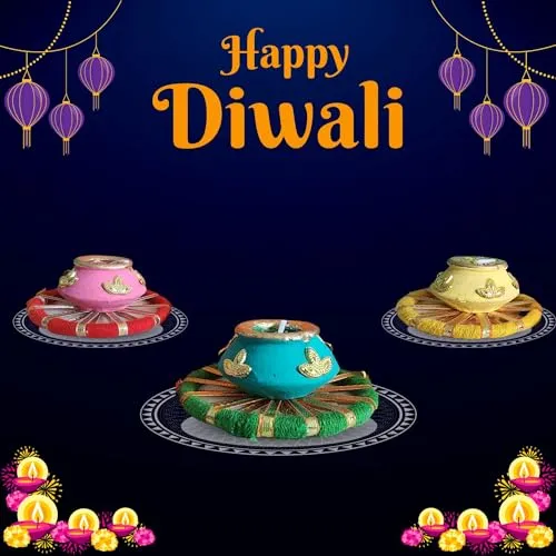 MUSAPRI- Traditional Clay Pot Glittery Wax Candles with Pottery Wheel | Diwali| Home Decor| Smokeless [Pack of 6]