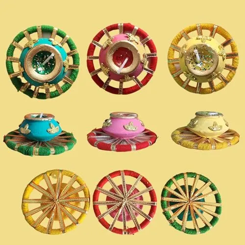 MUSAPRI- Traditional Clay Pot Glittery Wax Candles with Pottery Wheel | Diwali| Home Decor| Smokeless [Pack of 6]