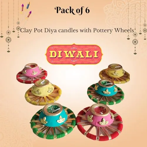 MUSAPRI- Traditional Clay Pot Glittery Wax Candles with Pottery Wheel | Diwali| Home Decor| Smokeless [Pack of 6]