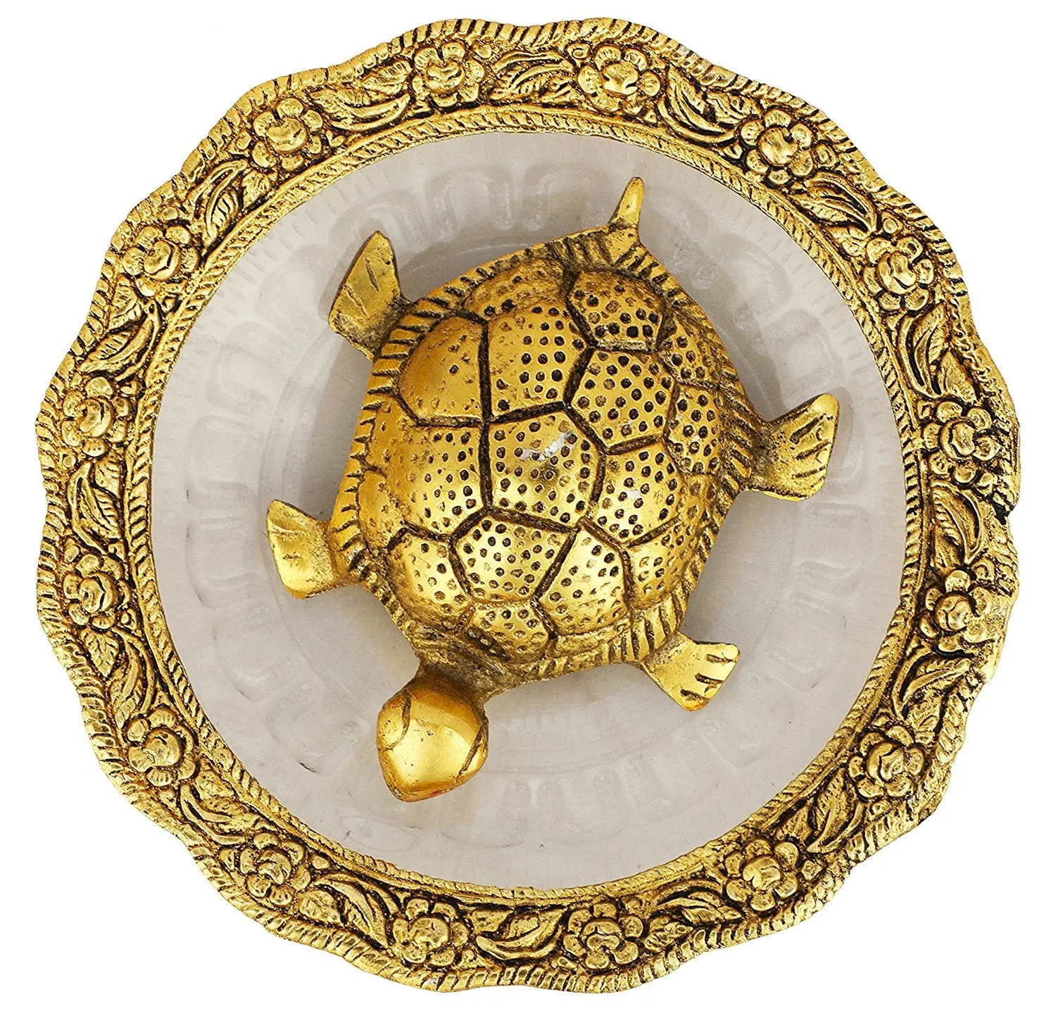 numeroastro Feng Shui/Vastu Metal Designer Turtle/Tortoise in Designer Golden Glass Plate for Wish Fulfilling (14 Cms)