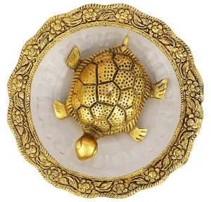 numeroastro Feng Shui/Vastu Metal Designer Turtle/Tortoise in Designer Golden Glass Plate for Wish Fulfilling (14 Cms)
