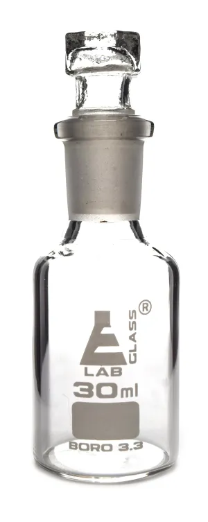 Reagent Bottle, Borosilicate Glass, Narrow Mouth with Interchangeable Hexagonal hollow glass Stopper - 30ml - Eisco Labs