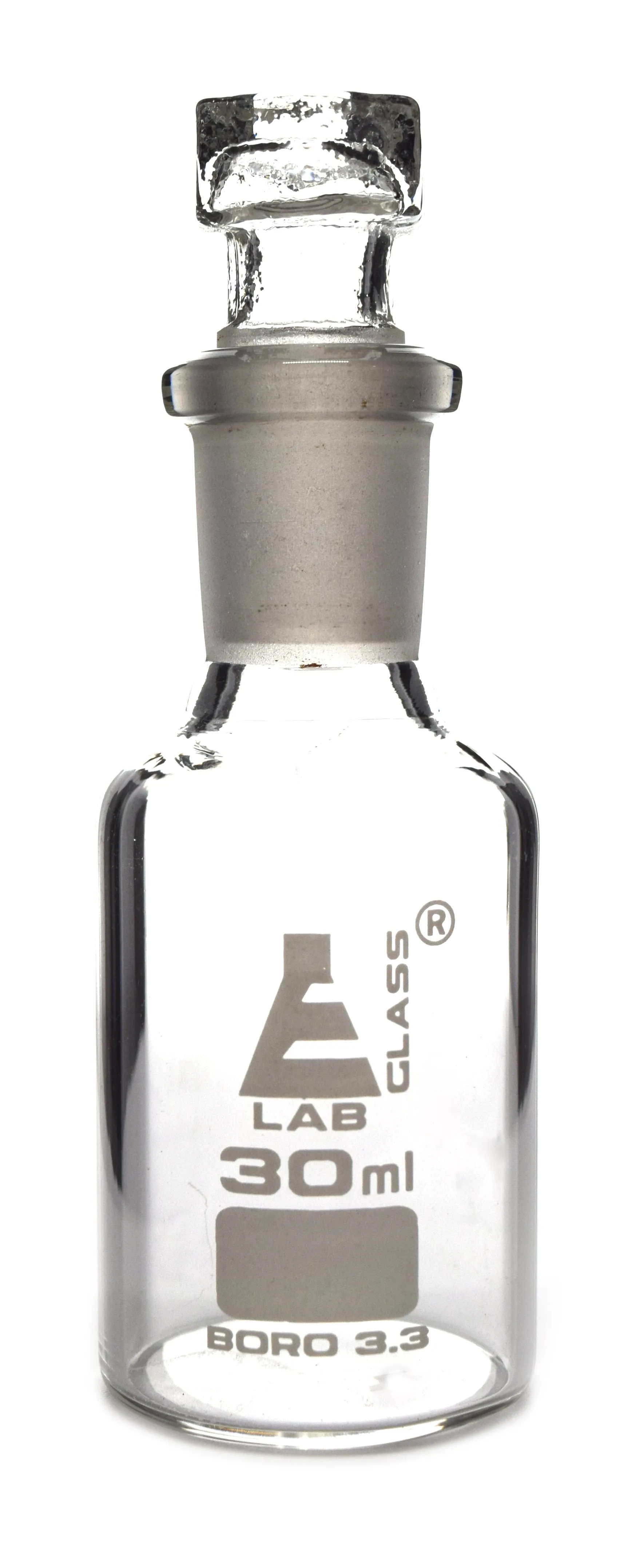 Reagent Bottle, Borosilicate Glass, Narrow Mouth with Interchangeable Hexagonal hollow glass Stopper - 30ml - Eisco Labs