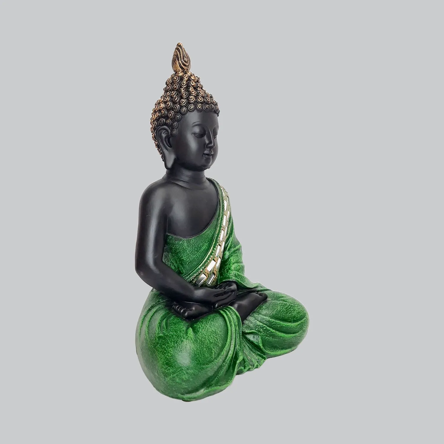 Resin Meditating Buddha in Black & Green Colour with Glass work 11 in