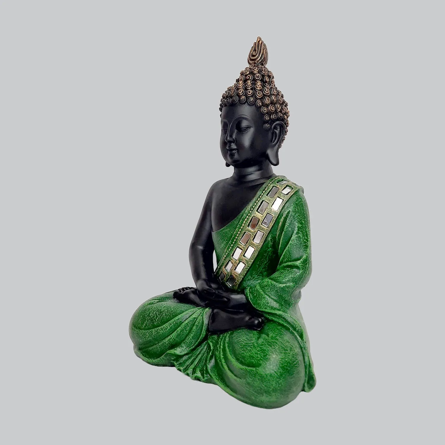 Resin Meditating Buddha in Black & Green Colour with Glass work 11 in