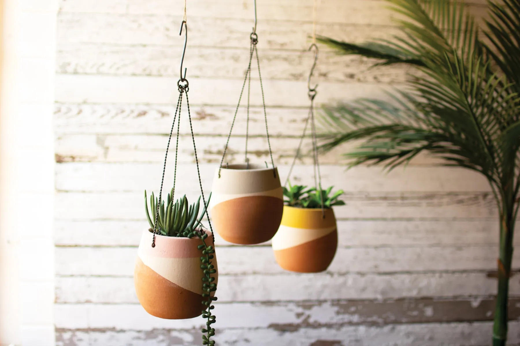 Set Of Three Color Dipped Hanging Clay Pots