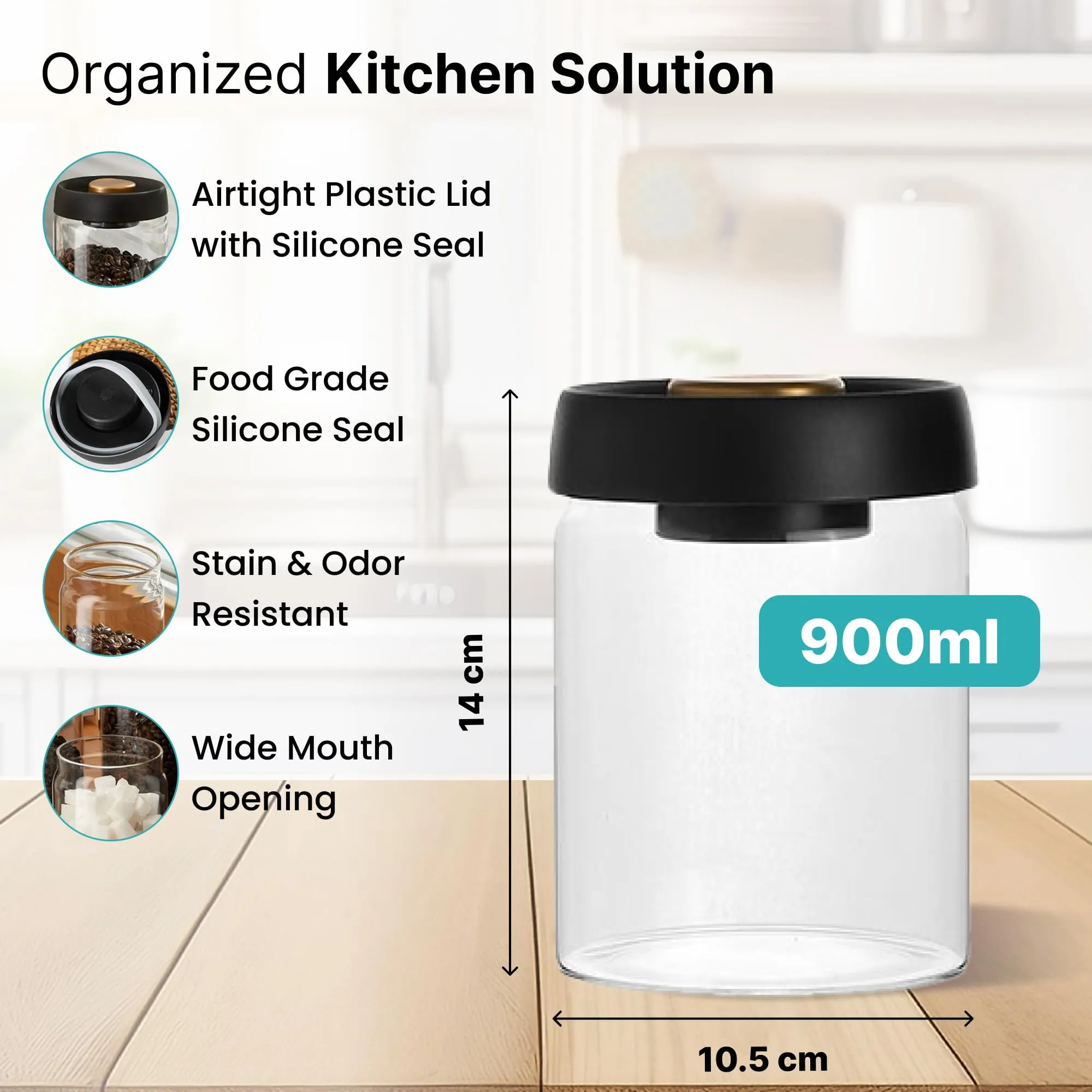 The Better Home Borosilicate Glass Jars for Kitchen Storage with Vacuum Plastic Lids | 900ml | Multipurpose Airtight Jars for Cookies, Snacks, Spices, Dry Fruits, Nuts, Coffee, Sugar |