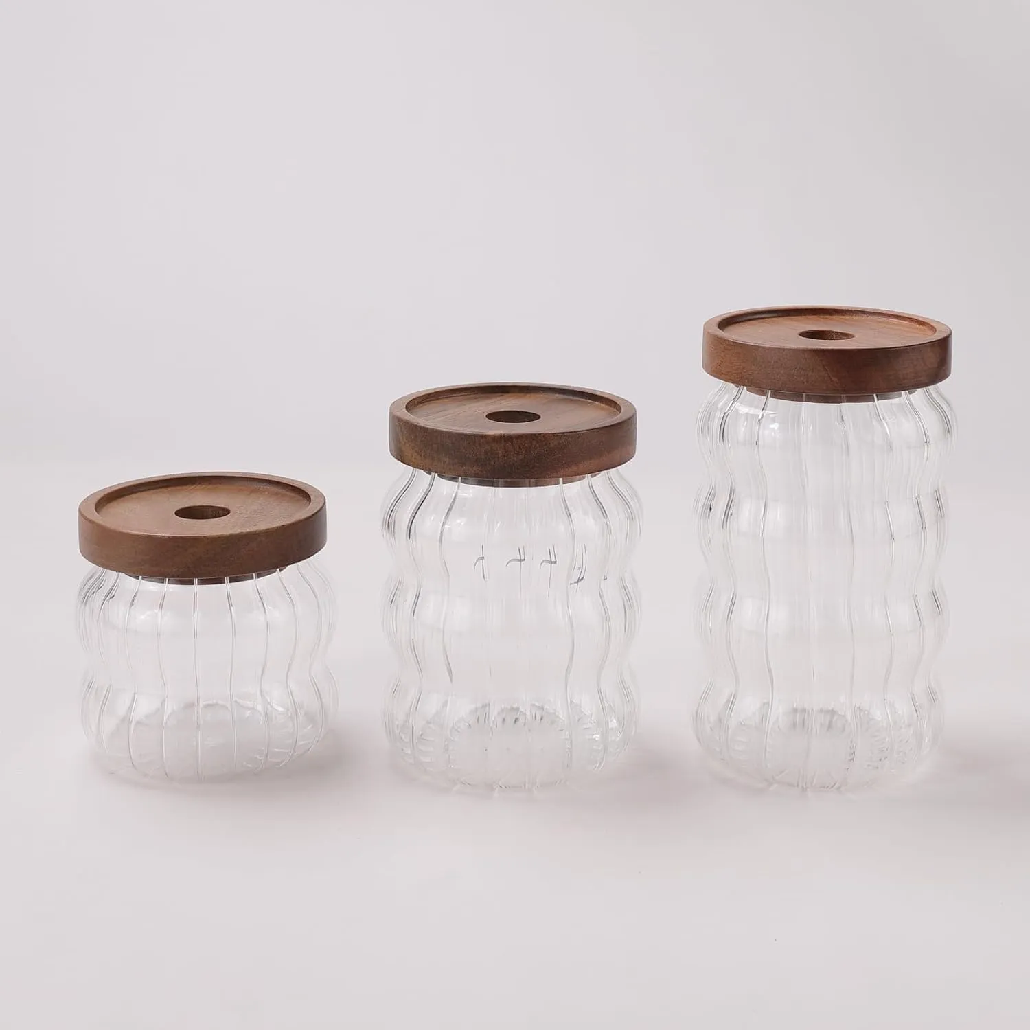 The Better Home Pack of 3 400ml, 620 ml,750 ml Borosilicate Kitchen Containers Set with Acacia Lid | Microwave Safe | Multi-Utility, Leakproof, Airtight Storage Jar For Cookies,Snacks,Tea,Coffee,Sugar