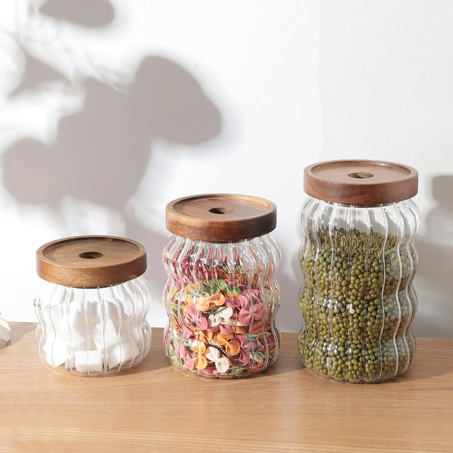 The Better Home Pack of 3 400ml, 620 ml,750 ml Borosilicate Kitchen Containers Set with Acacia Lid | Microwave Safe | Multi-Utility, Leakproof, Airtight Storage Jar For Cookies,Snacks,Tea,Coffee,Sugar