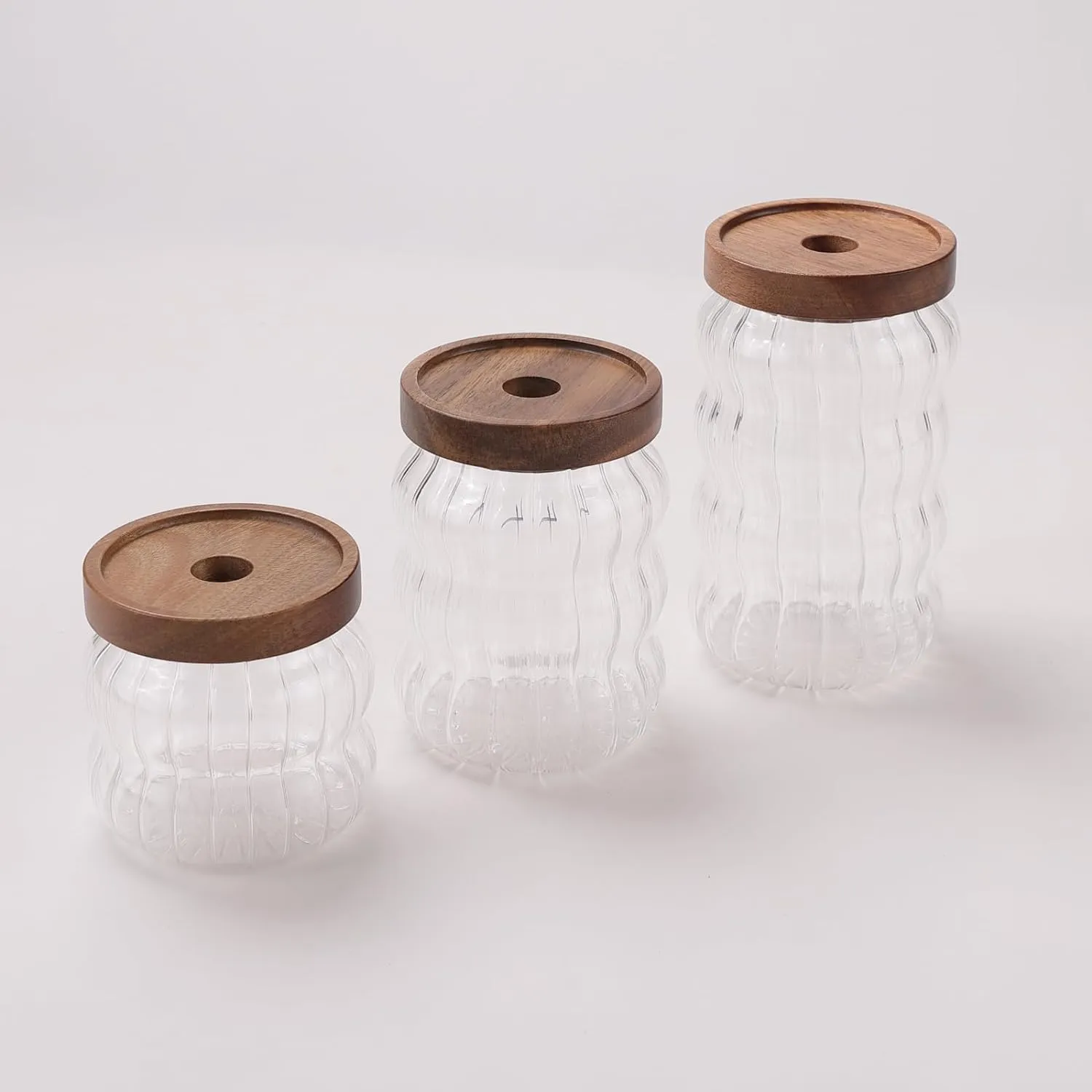 The Better Home Pack of 3 400ml, 620 ml,750 ml Borosilicate Kitchen Containers Set with Acacia Lid | Microwave Safe | Multi-Utility, Leakproof, Airtight Storage Jar For Cookies,Snacks,Tea,Coffee,Sugar