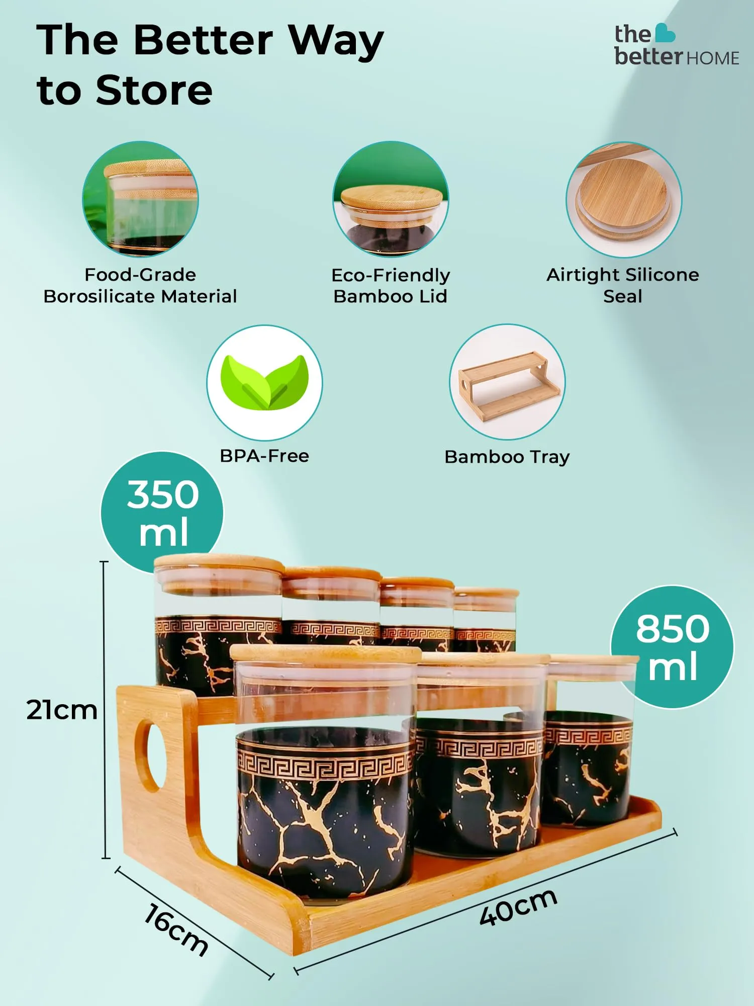 The Better Home Pack of 7 Kitchen Organizer Borosilicate Jars with Bamboo Lid & Tray | 4 Pcs 350 ml & 3 Pcs 850 ml | Glass Jars for Cookies, Spices, Snacks, Tea, Coffee, Sugar | BPA Free | Green