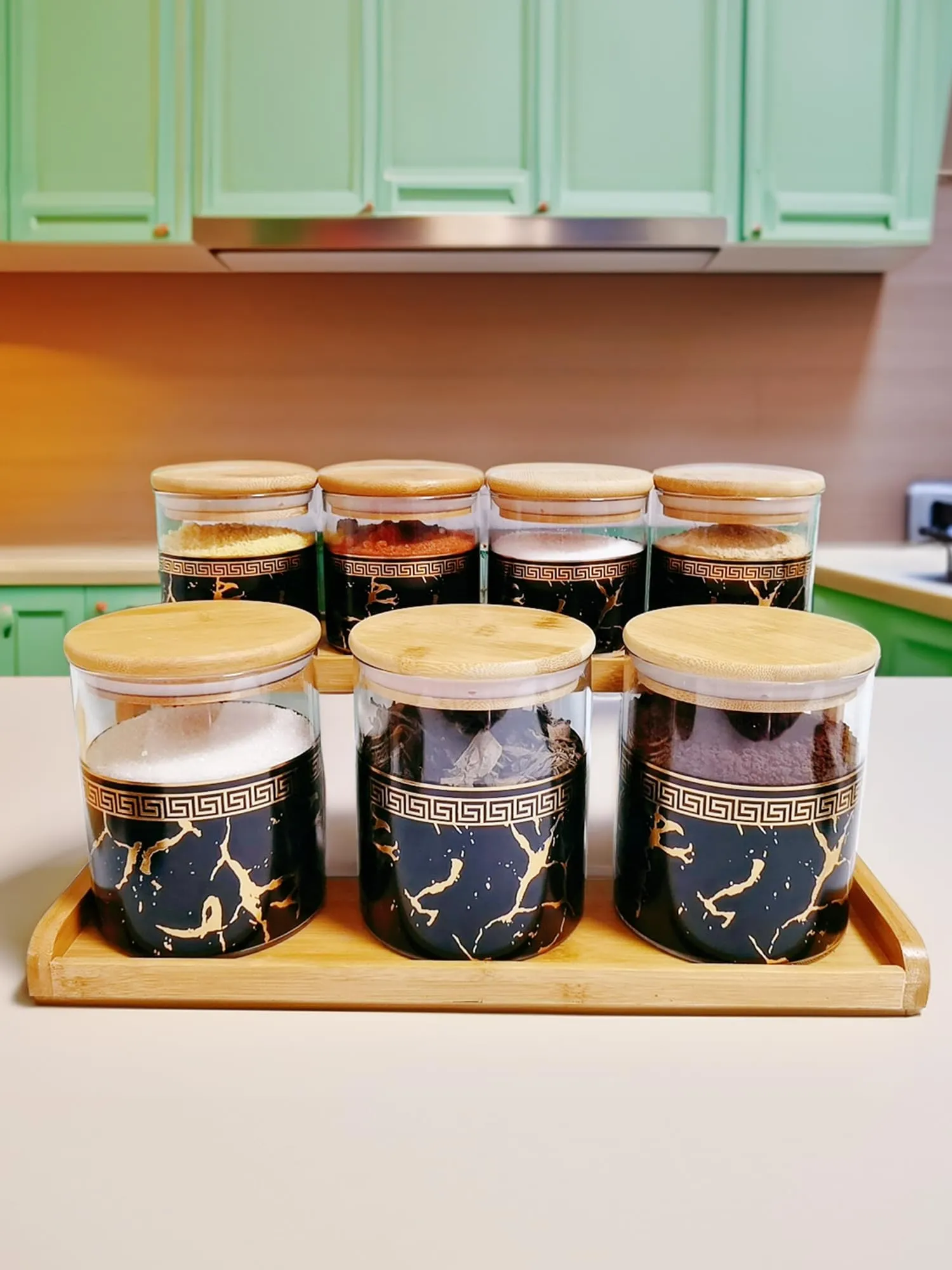 The Better Home Pack of 7 Kitchen Organizer Borosilicate Jars with Bamboo Lid & Tray | 4 Pcs 350 ml & 3 Pcs 850 ml | Glass Jars for Cookies, Spices, Snacks, Tea, Coffee, Sugar | BPA Free | Green