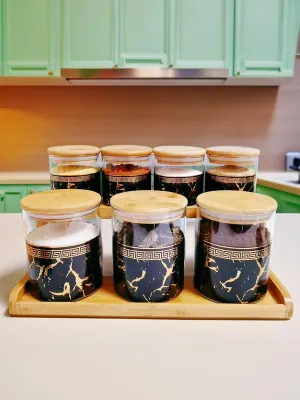 The Better Home Pack of 7 Kitchen Organizer Borosilicate Jars with Bamboo Lid & Tray | 4 Pcs 350 ml & 3 Pcs 850 ml | Glass Jars for Cookies, Spices, Snacks, Tea, Coffee, Sugar | BPA Free | Green