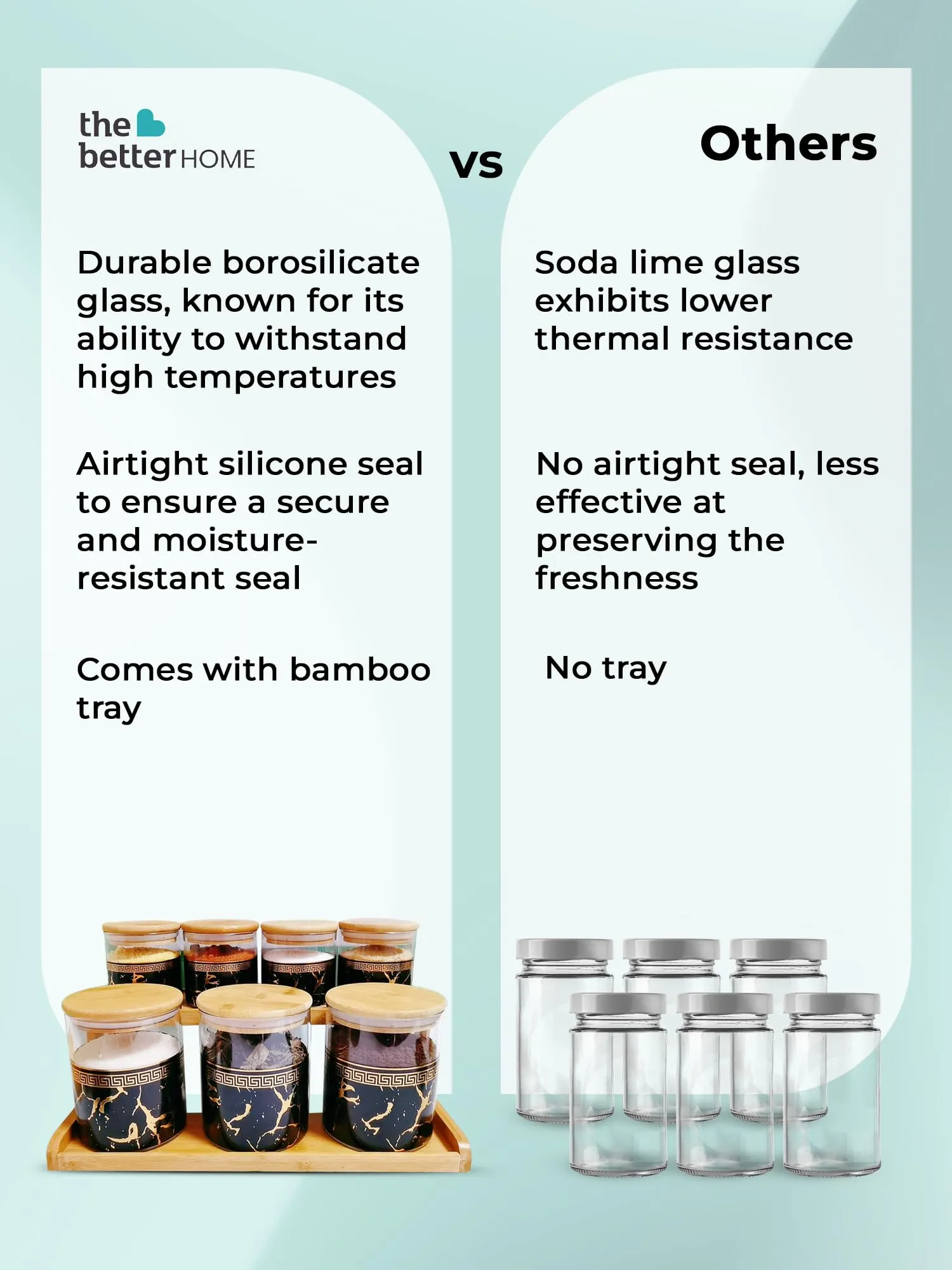 The Better Home Pack of 7 Kitchen Organizer Borosilicate Jars with Bamboo Lid & Tray | 4 Pcs 350 ml & 3 Pcs 850 ml | Glass Jars for Cookies, Spices, Snacks, Tea, Coffee, Sugar | BPA Free | Green